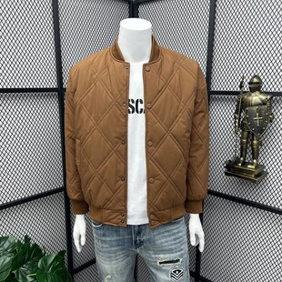 2023秋冬季棒球领加绒棉衣男菱形E格短款立领夹克棉服高街男潮外