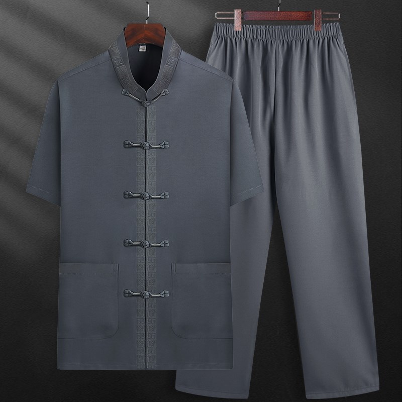 中老年唐装男款短袖冰丝夏季薄款老人爷爷衣服夏装V中国风爸爸套