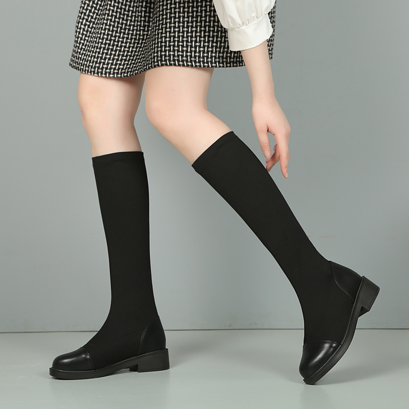 长筒靴女不过膝2023秋冬新款真皮中筒靴显瘦平底弹力布靴高筒袜靴