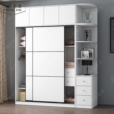 衣柜现代简约卧室家用整体实木移滑大衣橱柜M子白色推拉门定制衣