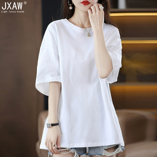 t恤女夏季 半袖 新款 圆领体恤宽松显瘦中长款 上衣 高端薄款 純棉短袖
