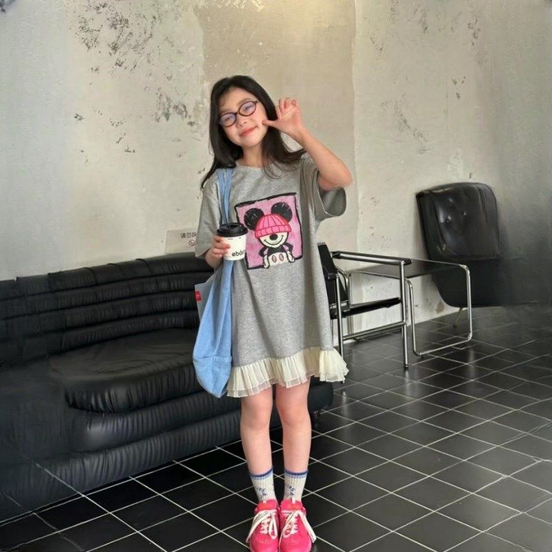 女童卡通纯棉宽松短袖T恤长裙夏季2024新款女孩拼接网纱连衣裙子,童装/婴儿装/亲子装,连衣裙,淘宝优惠券,粉丝福利购,淘宝优惠卷