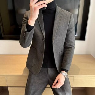 秋冬季加厚休闲西装男士外套修身韩版H毛呢子小西服上衣单件发型