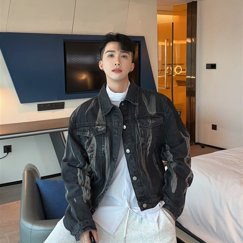 陈大富不规则随意k涂鸦洗水牛仔夹克外套男士宽松潮流酷帅牛仔上