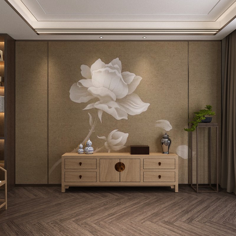 销新中式装饰壁布l电视背景墙素雅白莲花卧室客厅沙发墙纸3D立体