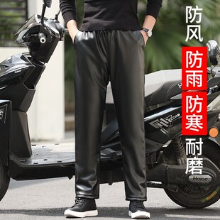 皮裤男加绒加厚工作裤防风防水防油机车骑行耐磨T劳保松紧腰皮裤