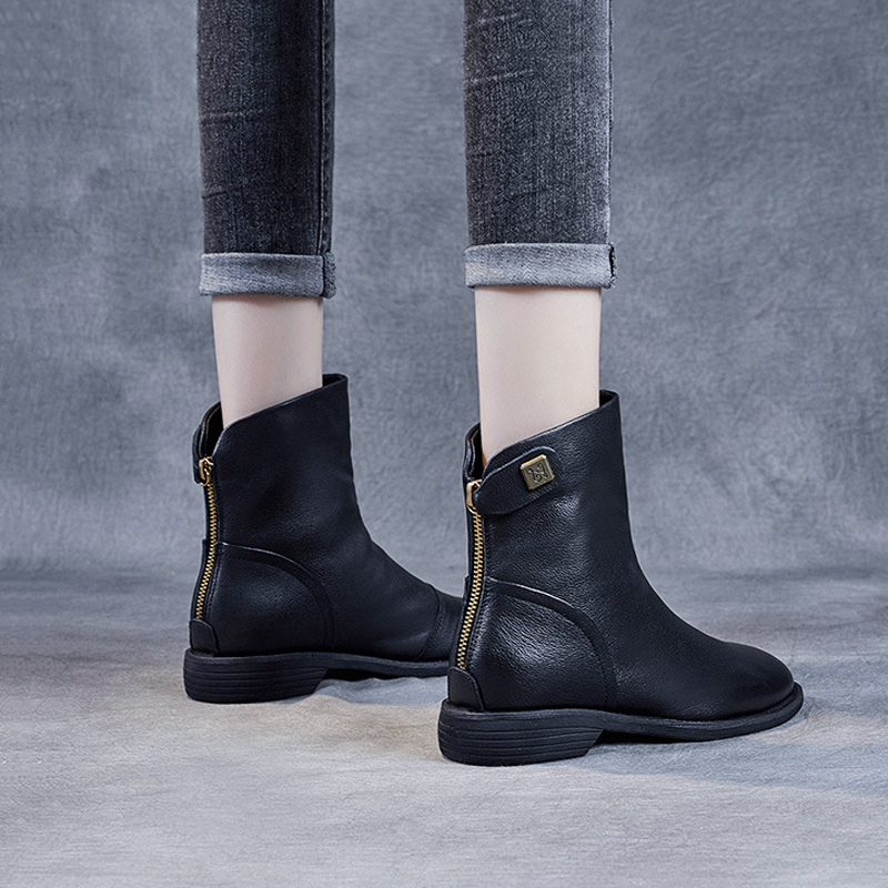 真皮女靴全牛皮软皮女鞋半桶靴秋款靴子2023新款短靴女软底马丁靴