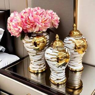 工厂直销欧式 摆件 电镀金色陶瓷将军罐花瓶轻奢工艺品样板房软装