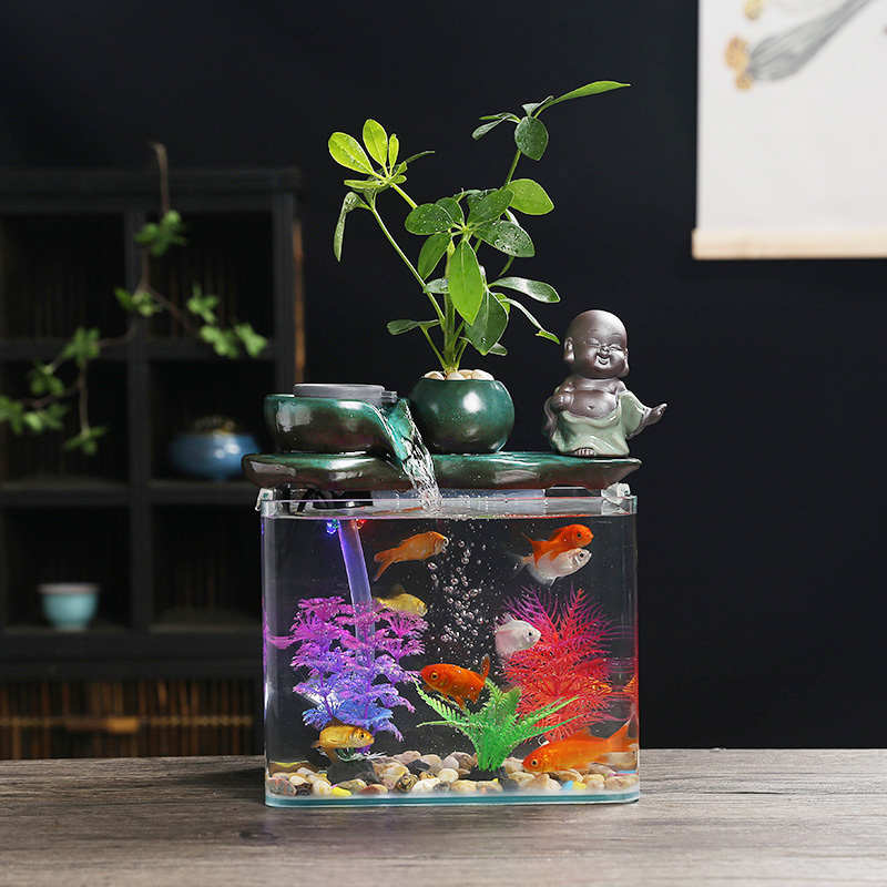 创意喷泉礼品招财循环办公室摆件流水开业鱼缸鱼缸加湿器玻璃客厅