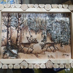 内蒙古大兴安岭鄂伦春族桦树皮画 工艺画 特色画 树皮画!