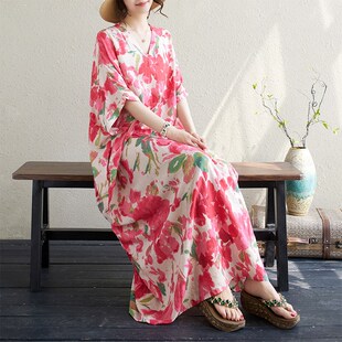 红色花过膝长裙子夏季花色度假风旅游V领复古长裙遮肉棉麻连衣裙