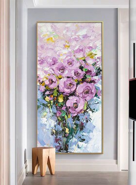 手绘油画抽象牡丹花玄关挂画客厅装饰过道走廊餐R厅紫色壁画大芬