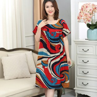 夏季绵绸女士睡裙人造棉大码睡衣中老年棉绸妈妈装空调服连衣裙