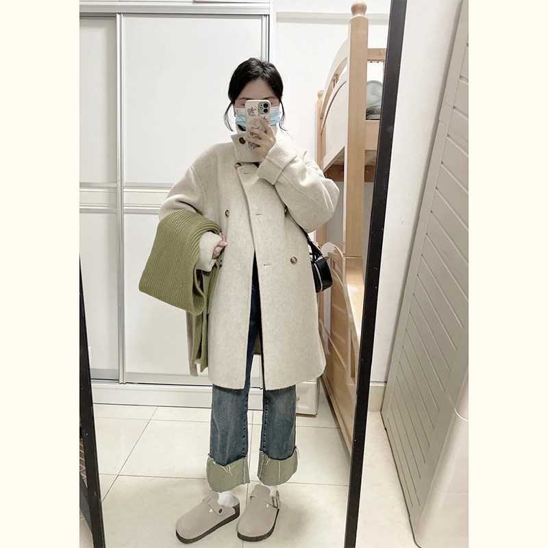 高级感米色毛呢外套女秋冬装新款韩版小个子中长款双排扣加厚系带
