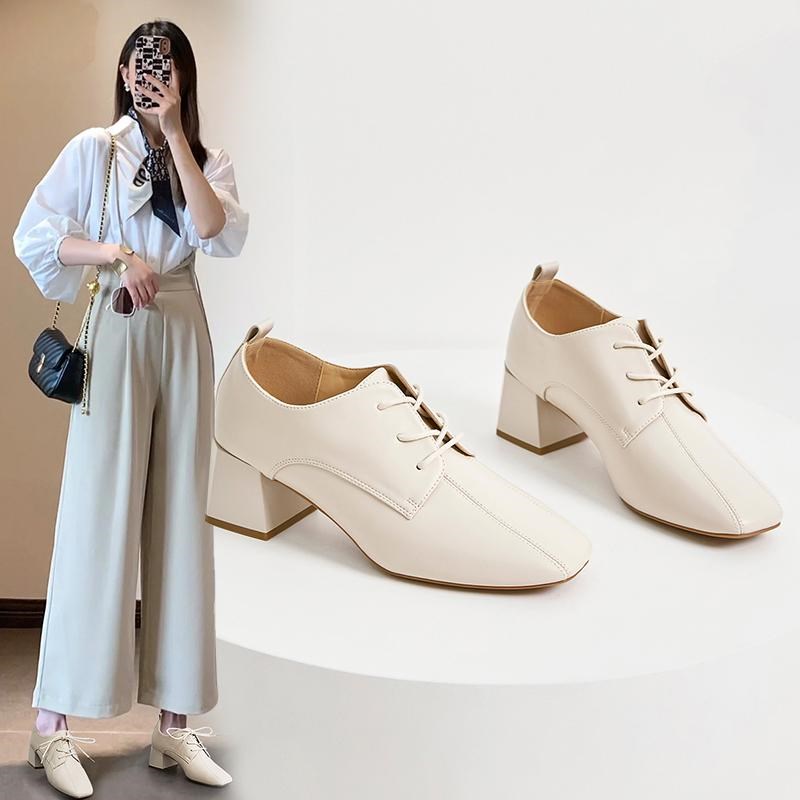 深口单鞋女d2024新款春季英伦系带通勤方头高跟鞋女气质粗跟小皮