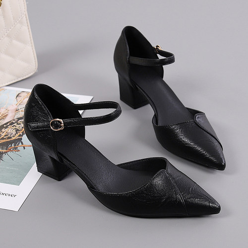 2021夏季新款粗跟高跟尖头一字带包头软皮黑色职业中空凉鞋女单鞋