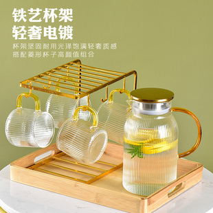 冷水壶家用耐高温条纹带把手大容量凉白开茶杯水杯套装 玻璃杯欧式