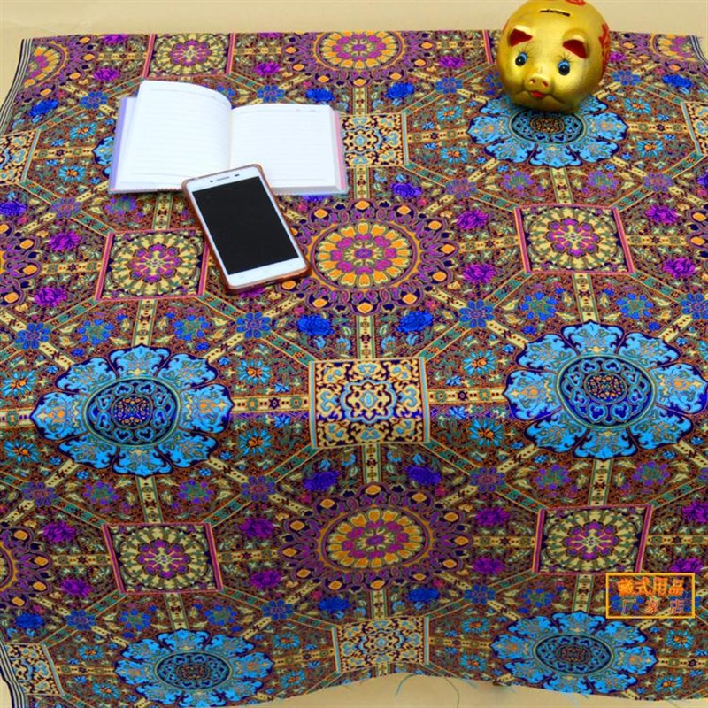 藏式风格织锦缎布料贡缎藏装唐装面料莲花面料桌布台布背景布