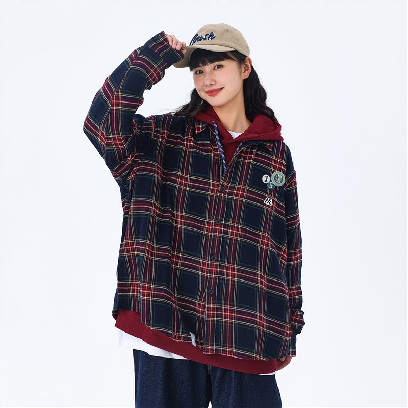 KXLFCHN空穴来风 酒红色格子衬衫男女宽松长袖复古衬衣外套春秋季