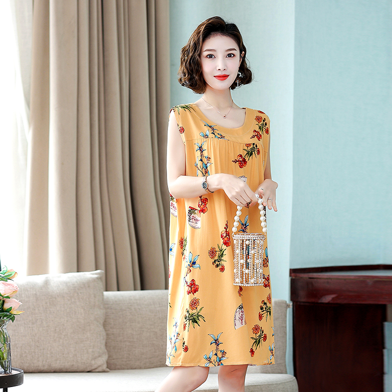睡裙女夏中老年棉绸大码无袖胖mm连衣裙妈妈装时尚宽松中长款睡衣