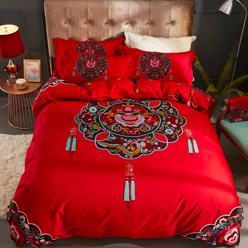 红色结婚四件套婚嫁婚庆床上用品全棉婚床纯棉床上大红色床单被套