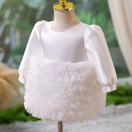 儿童礼服女宝周岁生日公主裙蝴蝶结长袖蓬蓬裙小花童白色蛋糕裙