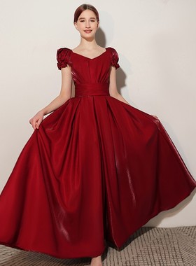 女大童小提琴演奏比赛长款红色公主裙儿童长笛钢琴古筝演出晚礼服