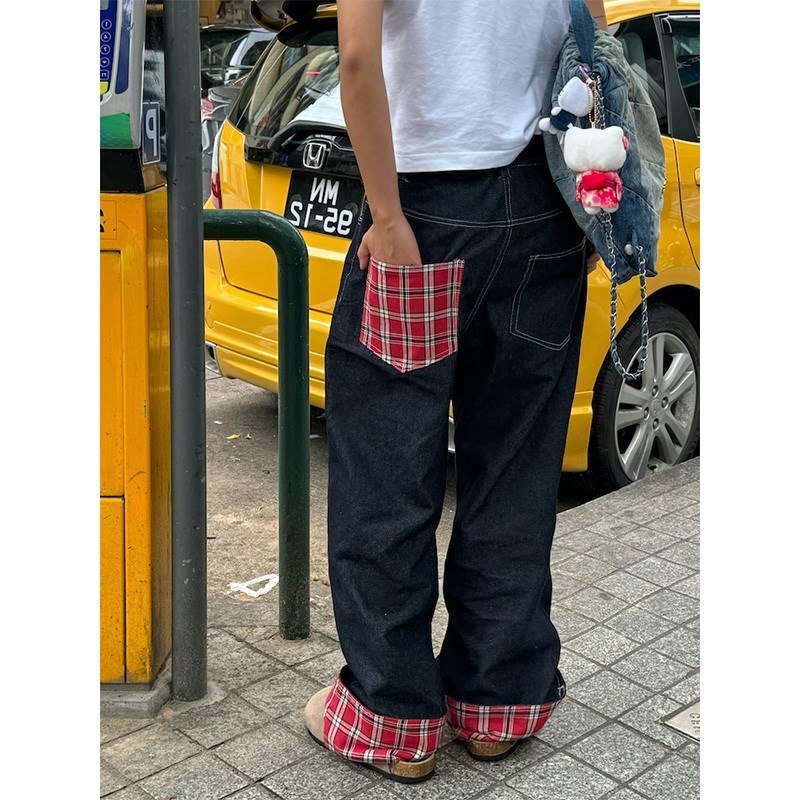 2025女童格子拼接卷边牛仔裤男童阔腿直筒宽松儿童童装早春长裤