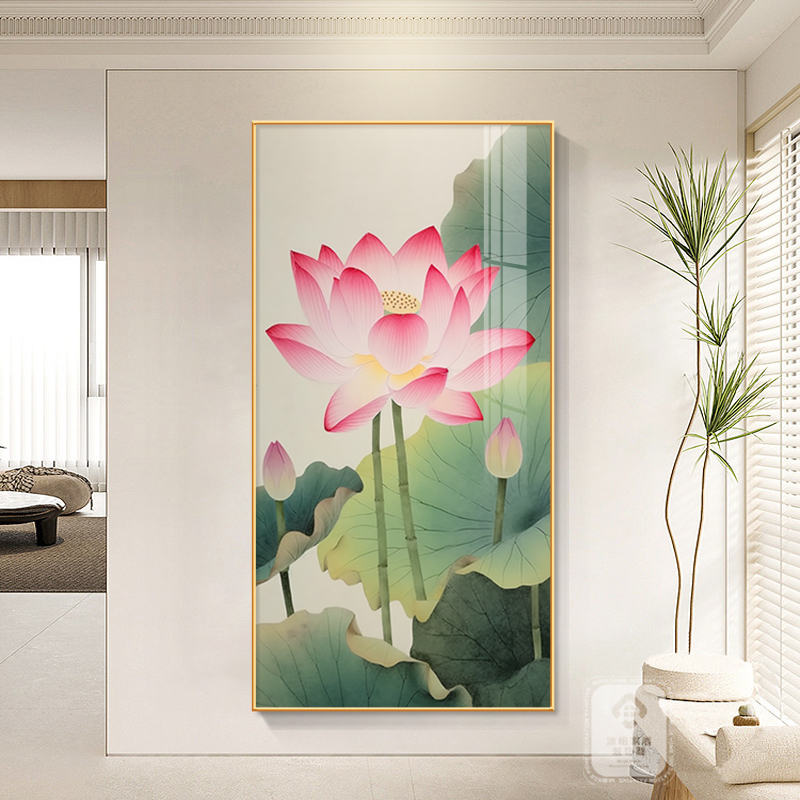 荷花水墨装饰画入户玄关走廊过道挂画中国风高级感大气晶瓷墙壁画图片