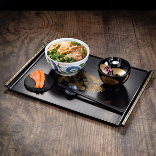 寿司长方托盘塑料黑色花纹防滑盘料理饭厅酒店上菜餐盘 日式