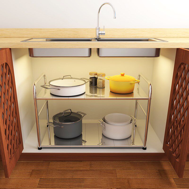 地柜不锈钢下水槽置物架可伸缩橱柜分层架厨房多功能锅具收纳架子