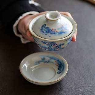 汝窑单个盖碗茶杯开片可养陶瓷茶具大号泡茶器家用功夫三才茶碗