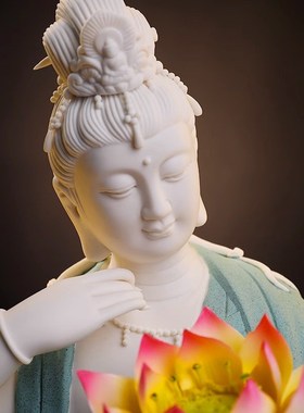 陶瓷水月自在观音佛像工艺品新中式禅意灯圈摆件客厅玄关家居装饰