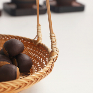 日式手工竹编小提篮复古茶点盘家用竹篮子零食收纳筐托盘碗水果篮