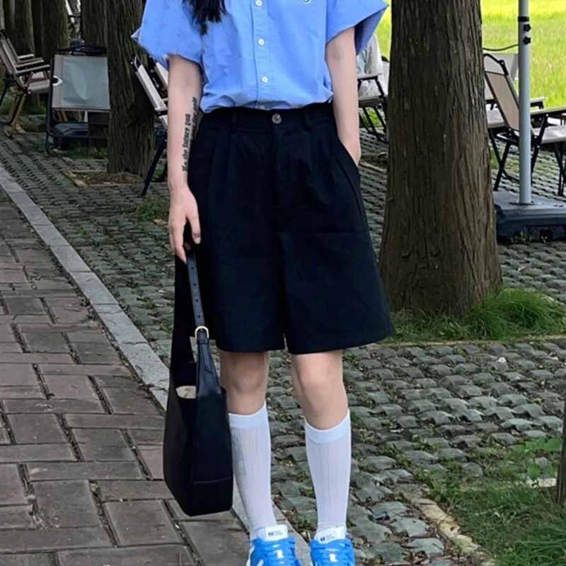 黑色西装休闲短裤女高腰大码胖mm夏季薄款遮肉a字梨型身材五分裤
