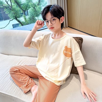 纯棉儿童睡衣2024夏季新款男童短袖长裤三件套装男孩青少年家居服