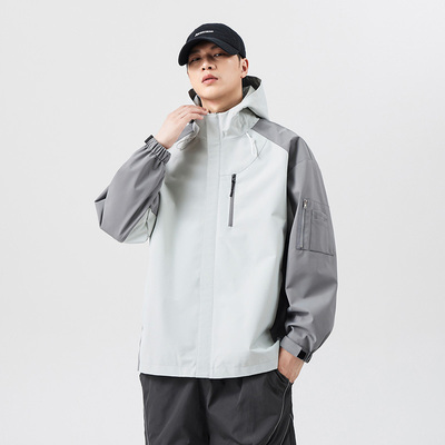 MMLG MCQ秋季新款拼接工装服三防冲锋衣夹克学生休闲宽松连帽外套