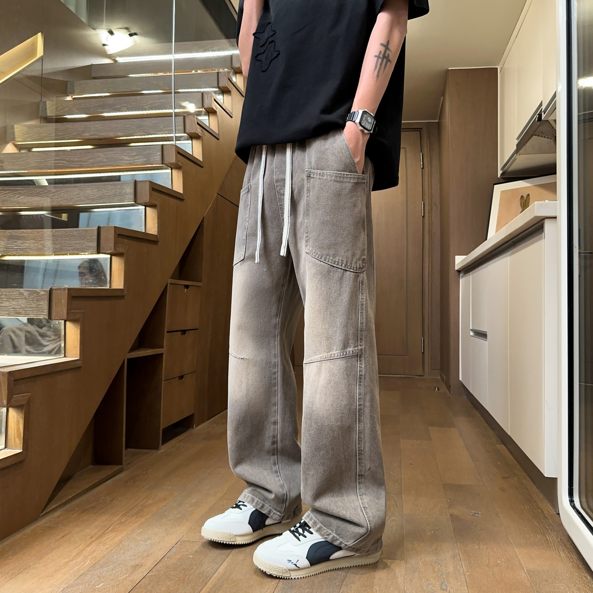 MMLG MCQ美式复古渐变牛仔裤男女同款直筒修身松紧腰抽绳阔腿裤