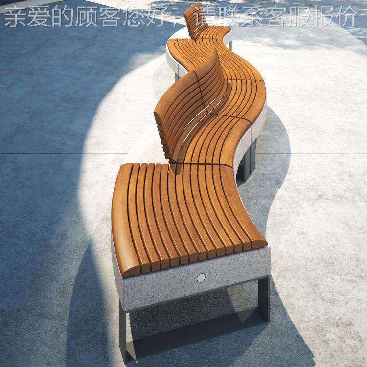 商场异形质座椅HCW314木户外木广艺休闲坐凳街道场防腐靠背休息长