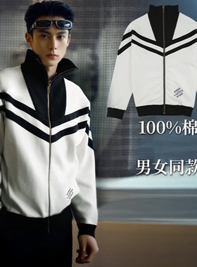 BAMIOW 男女同款刺绣高领开衫 100%棉厚款拼接撞色情侣卫衣 37505