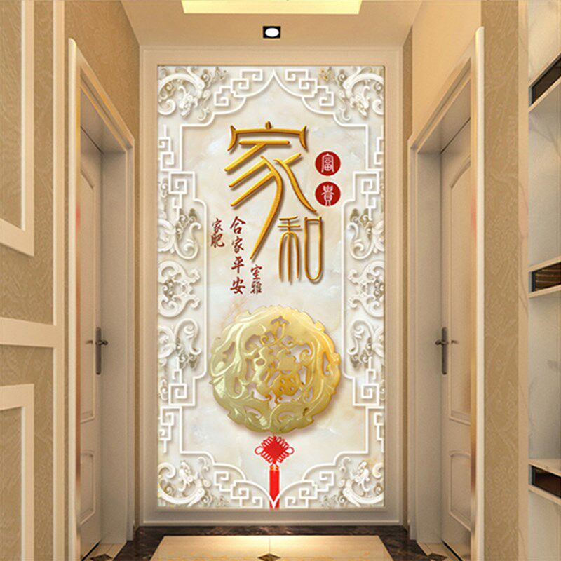 d立体玄关背景墙壁纸客厅走廊过道竖装饰壁画墙纸招财大气