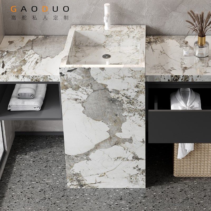岩板立柱一体无缝陶瓷盆定制浴室柜落地式洗脸盆洗手洗漱台