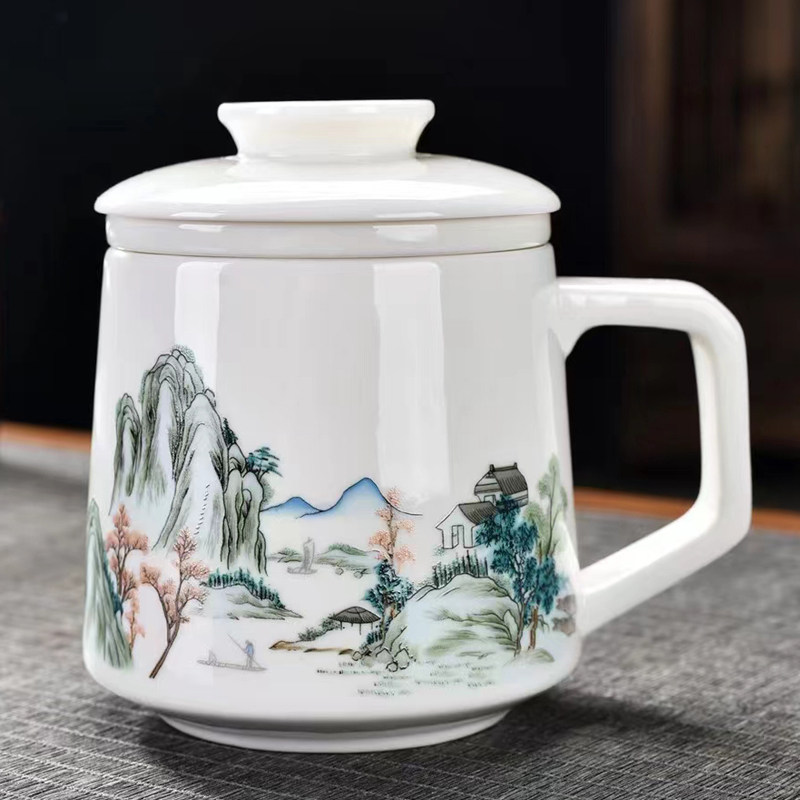 白瓷羊脂玉办公杯带盖过茶水分离泡茶杯杯子水杯礼品杯