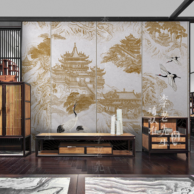 年新款壁纸古风电视背景墙纸定制壁画新楼阁仙鹤装饰墙布