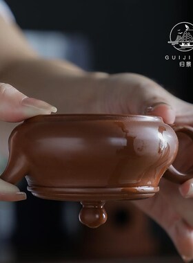 归景丨明炉丨潮i州手拉壶全手工紫砂朱泥壶茶壶薄胎壶宽口原矿冲