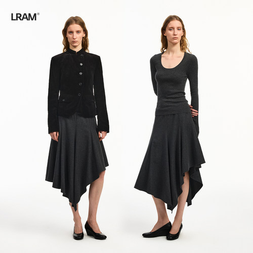 LRAM 9.16羊绒醋酸混纺毛呢不规则下摆灵动半裙LM2630595中式服装