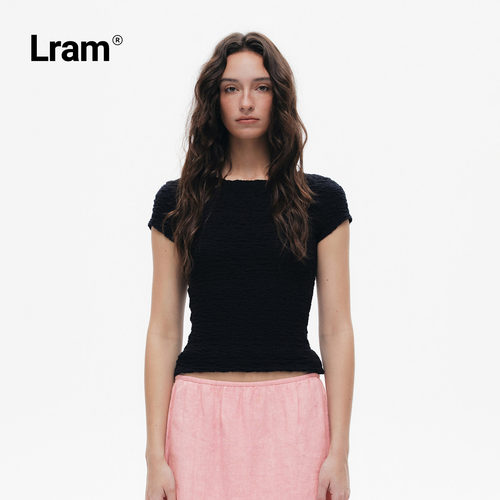 LRAM 立体褶皱弹力修身显瘦船领短袖上衣LM2630519