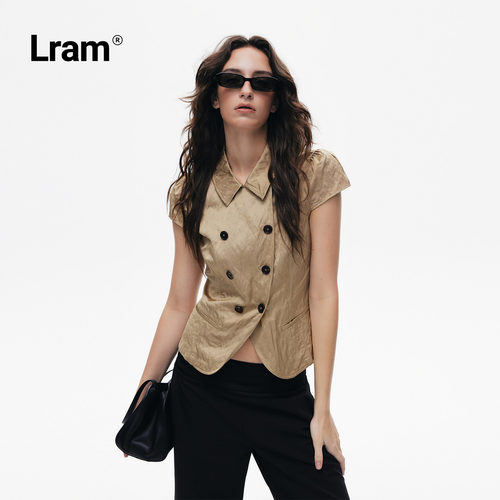 LRAM 重工褶皱肌理收腰复古英伦双排扣短款中古衬衫LM2630558
