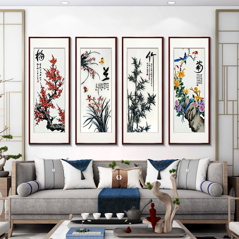 梅兰竹菊苏绣挂画新中式客厅沙发背景墙装饰画餐厅中国风壁画刺绣