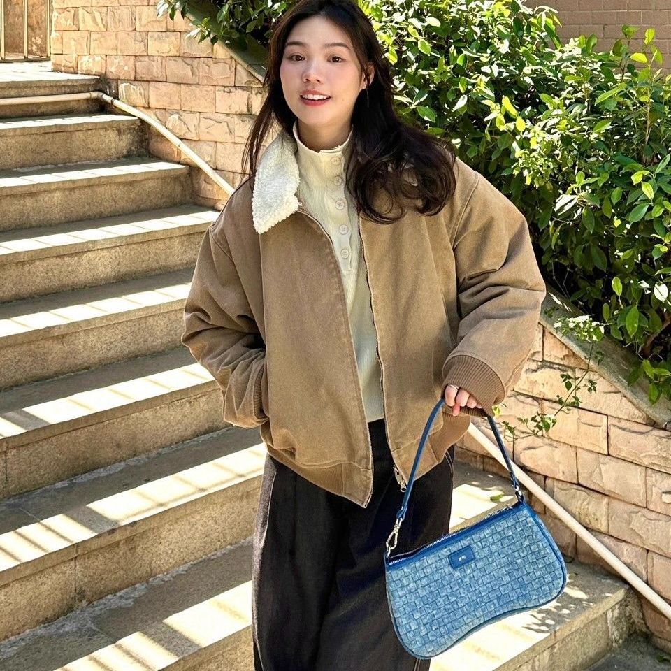 宽松复古加厚拼接羊羔毛棉衣棉服